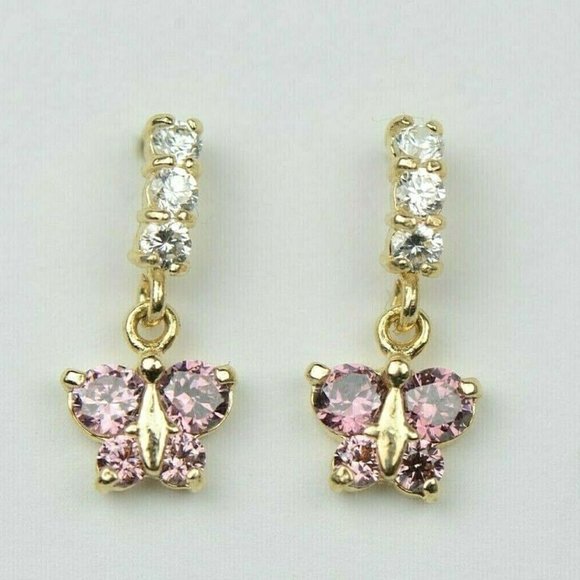 Solid 14K Yellow Gold Lab Created CZ Birthstone Butterfly Dangle Earrings - Picture 7 of 13